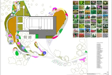 Planos de jardines detallados con diseño de paisajismo, distribución de plantas y elementos arquitectónicos. Incluye una leyenda de especies.