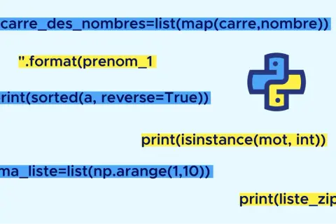 Code Python montrant l'utilisation de `map` pour créer une liste de carrés, trier une liste, et vérifier des types. Le logo Python est présent.