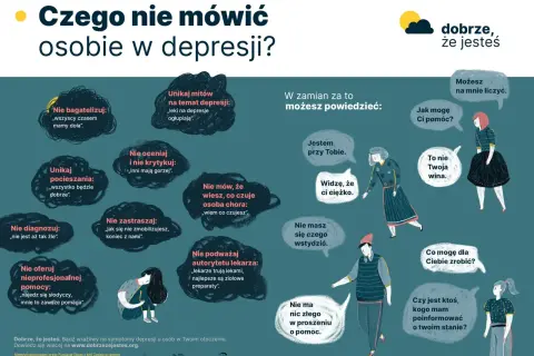 Jak rozmawiać z osobą z depresją: unikaj bagatelizowania, pocieszania, oceniania. Mów "jestem przy Tobie", "widzę, że ci ciężko".