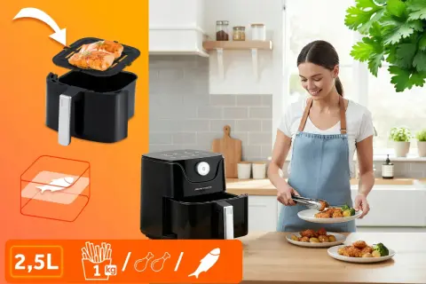 Kobieta serwuje pyszne dania z airfryer: chrupiące nuggetsy, ziemniaczki i łososia. Idealne dania z airfryer dla całej rodziny.