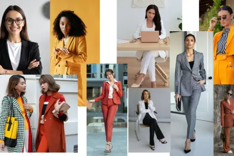 Kobiety w eleganckich stylizacjach casual business: garnitury, marynarki, spodnie. Różne kolory i wzory, od klasycznej czerni po jaskrawy pomarańcz.