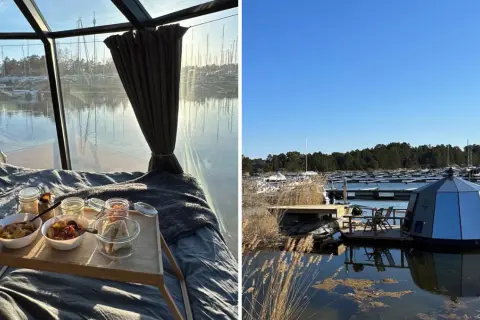Sov gott i en glaskupol med frukostbricka och utsikt över båtar vid Gräddö camping.