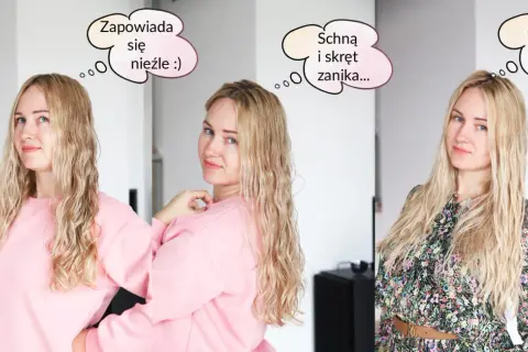 Kobieta z blond włosami w trzech ujęciach: z falami, znikającymi falami i prostymi włosami.