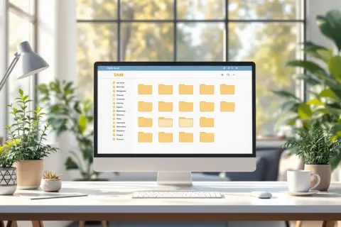 A computer screen displays a digital asset management (DAM) interface, showcasing a well-organized digital asset management folder structure with various categorized folders.