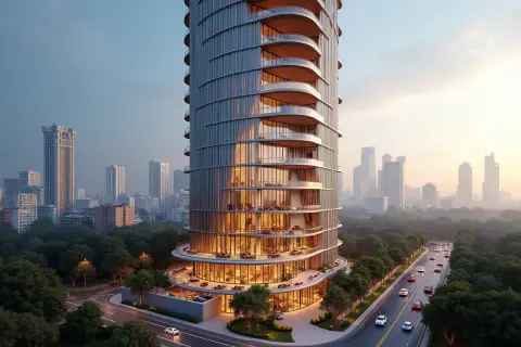Nowoczesny wieżowiec Antilia Tower w mieście, otoczony zielenią i drogą z samochodami.