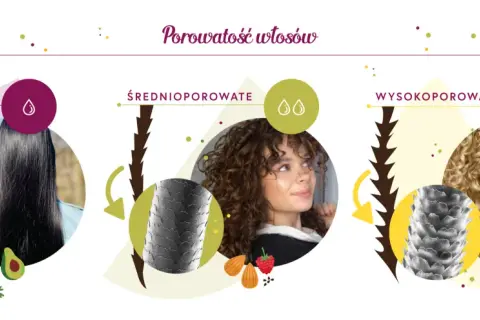 Olej do włosów niskoporowatych idealny dla prostych, gładkich włosów. Grafika porównuje włosy niskoporowate, średnioporowate i wysokoporowate.