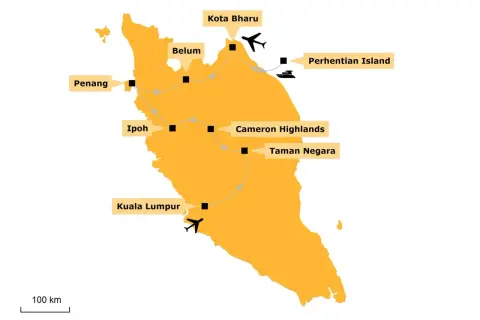 Karte für eine Malaysia Rundreise auf eigene Faust: Route von Kuala Lumpur über Ipoh, Penang, Belum, Kota Bharu zu den Perhentian Islands, Cameron Highlands & Taman Negara.