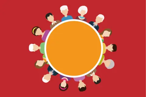 Des personnes diverses se tiennent autour d'un cercle orange, symbolisant une réunion ou un projet, comme pour un CV d'EHPAD.