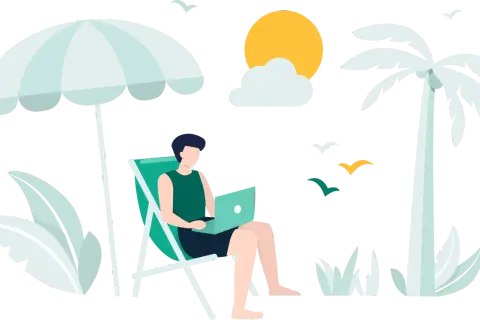 Mężczyzna pracuje na laptopie pod parasolem plażowym, marząc o wakacjach od ZUS 2026. Palmy i słońce dopełniają tropikalny klimat.
