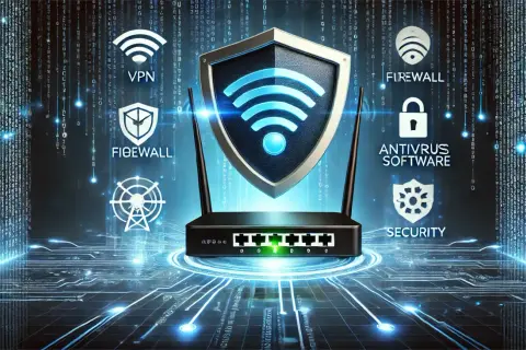 Router z tarczą Wi-Fi i ikonami bezpieczeństwa: VPN, Firewall, Antywirus, Security. Cyfrowy świat i kod w tle.