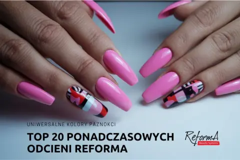 Długie, różowe, neonowe paznokcie z geometrycznymi wzorami.