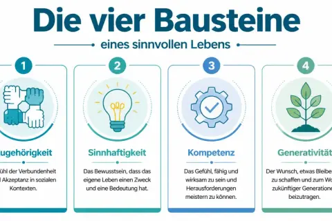 Die vier Bausteine eines sinnvollen Lebens: Zugehörigkeit, Sinnhaftigkeit, Kompetenz und Generativität. So kann man Sinn im Leben finden.