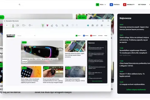 Narzędzie Wycinanie Windows 11 na ekranie z artykułami technologicznymi.