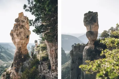 Randonnée dans les **gorges de la Jonte**, face à des pics rocheux impressionnants. Un sentier escarpé mène à des panoramas spectaculaires.