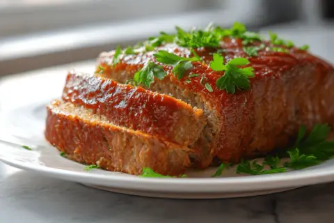 Saftiger hackbraten im airfryer, glasiert mit Tomatensauce und garniert mit Petersilie. Perfekt für ein schnelles Abendessen.
