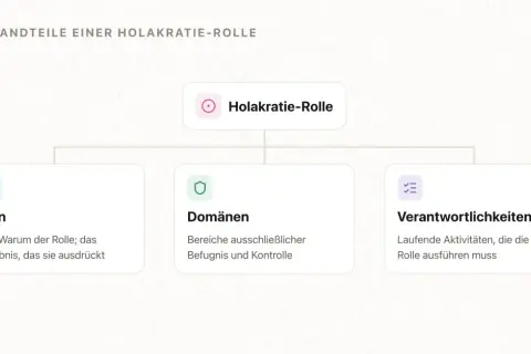 Das holacracy modell zeigt die drei Bestandteile einer Rolle: Sinn, Domänen und Verantwortlichkeiten.
