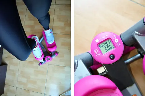 Widok z góry na nogi w legginsach i sneakersach na różowym stepperze. Wyświetlacz pokazuje 4287 kroków i 600 kalorii – to pierwsze efekty ćwiczeń stepper.