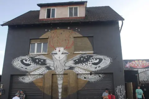Großes Insekt-Graffiti an Hauswand in Heilbronn. Emma 23 Bar im Hintergrund.