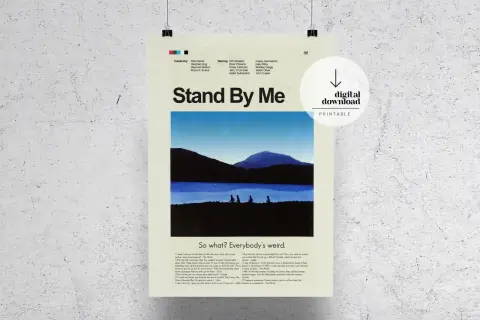 Plakat filmu "Stand By Me po polsku". Cztery sylwetki chłopców na tle jeziora i gór.