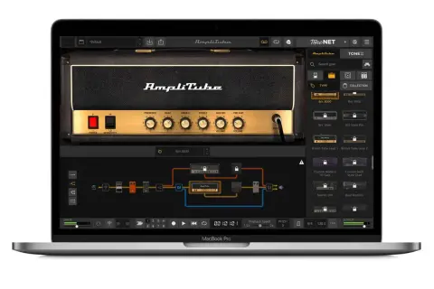 A MacBook Pro displays AmpliTube, a free amp simulator, showcasing a virtual guitar amp and effects chain.