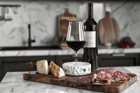 En flaska rött vin, ett glas vin och en ostbricka med brieost, salami och bröd. Perfekt för en mysig kväll.