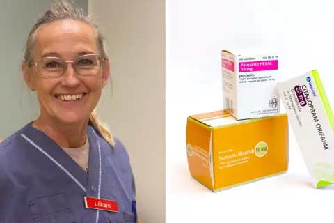 Läkare ler bredvid förpackningar med sertralin och citalopram. Skillnaden mellan sertralin och citalopram är viktig för rätt behandling.