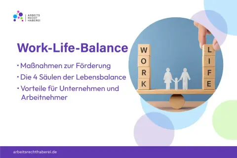 Eine Waage balanciert die Würfel "WORK" und "LIFE" mit einer Familie. Das Bild thematisiert Work-Life-Balance.