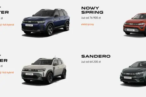 Nowy Dacia Bigster 2025 w kolorze granatowym, obok Dacia Spring i Duster.