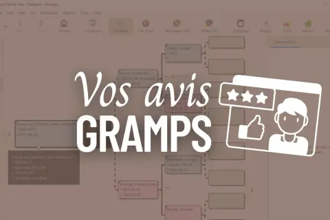 Vos avis sur Gramps, le logiciel de généalogie. L'arbre généalogique est affiché, montrant des noms et des dates.