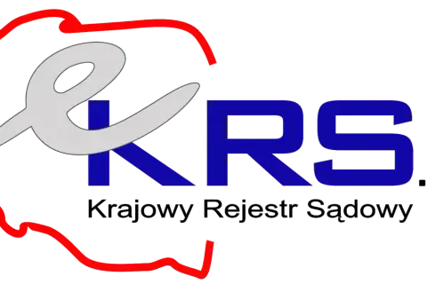 Logo KRS - Krajowy Rejestr Sądowy. Czerwony zarys Polski, szara litera "e" i niebieskie litery "KRS".