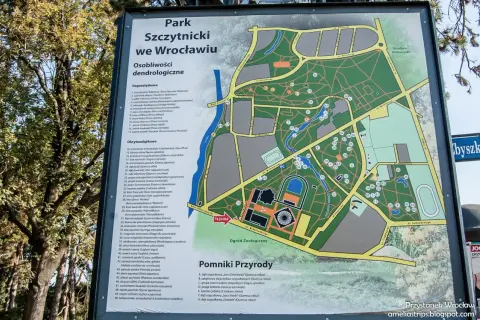 Mapa Parku Szczytnickiego we Wrocławiu z zaznaczonymi osobliwościami dendrologicznymi i pomnikami przyrody.