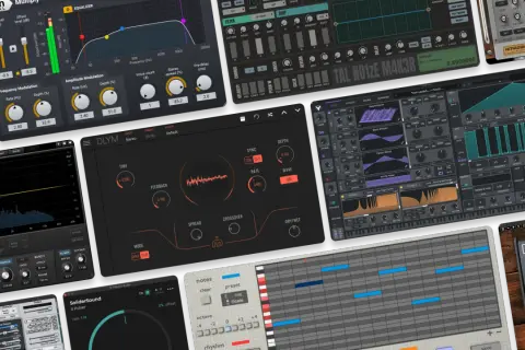 A collage of digital audio workstation interfaces, showcasing various free synth plugins and effects.