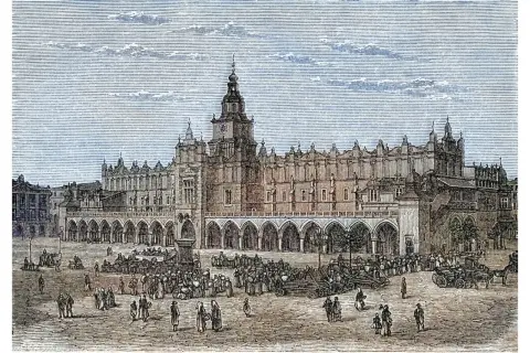 Rynek Główny w Krakowie z Sukiennicami i tłumem ludzi, ilustracja z epoki.