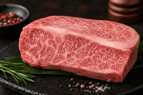 En rå, marmorerad köttbit, perfekt för medium rare. Rosmarin och pepparkorn ligger bredvid.
