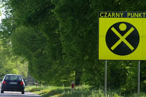 Żółty znak "Czarny punkt" ostrzega kierowców. Samochody jadą drogą otoczoną zielenią.