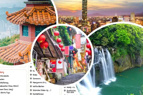 Taiwan Reisetipps: Ein traditioneller Tempel, eine belebte Gasse mit roten Laternen und ein rauschender Wasserfall. Packen Sie Kleidung, Sonnencreme und mehr ein!