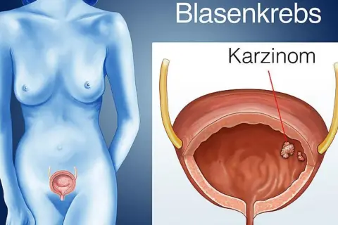 Illustration zeigt eine weibliche Figur mit einer Darstellung der Harnblase, in der ein Karzinom zu sehen ist. Dies illustriert das Urothelkarzinom der Harnblase.
