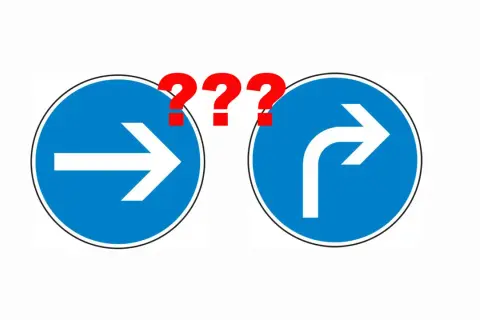 Zwei blaue Schilder mit weißen Pfeilen: einer geradeaus, der andere nach rechts abbiegend. Drei rote Fragezeichen dazwischen. Welche **vorgeschriebene Fahrtrichtung** ist die richtige?