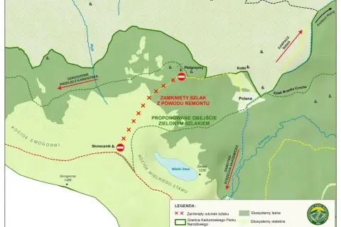 Mapa Karkonoszy z zaznaczonym zamkniętym szlakiem i propozycją objazdu. Idealna na **hiking po polsku**, ale trzeba uważać na remonty!