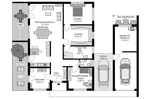Grundriss eines 3 Zimmer Bungalows mit großzügigem Wohn-/Ess-/Küchenbereich, Schlafzimmer, Ankleide, Bad, WC, Diele, HAR/HWR, Terrasse, Loggia, Carport und Garage.