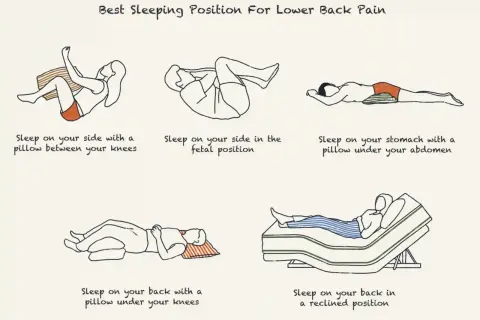 Illustrations show sleeping positions for lower back pain. One shows a pillow between knees, another a fetal position, and a third a pillow under the abdomen. A fourth shows a pillow under knees, and a fifth a reclined bed.