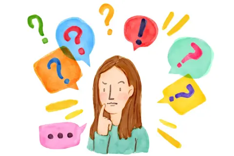 Een meisje denkt na, omringd door vraagtekens en uitroeptekens. Ze zoekt antwoorden, een proces dat bij omgaan met hooggevoeligheid soms lastig kan zijn.