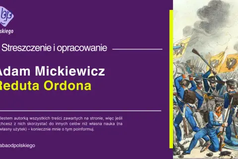 Ilustracja przedstawia bitwę z żołnierzami w niebieskich mundurach i sztandarami.
