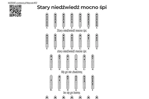 Nuty do piosenki "Stary niedźwiedź mocno śpi" na flet prosty. Pokazują, jak zagrać melodię, naciskając odpowiednie otwory.