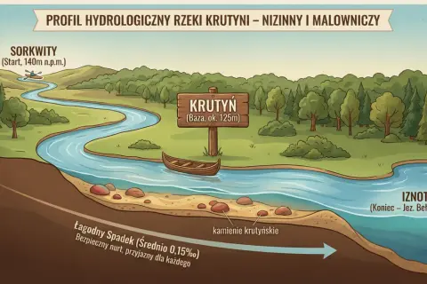 Ilustracja profilu hydrologicznego rzeki Krutyni z kajakiem, łódką i oznaczeniami tras.