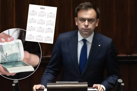 Mężczyzna w garniturze, stos banknotów i kalendarz 2025.