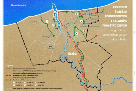Mapa Ustrka z przebiegiem szlaków rowerowych i turystycznych. Widać tu szlak zwiniętych torów, drogi piesze i rowerowe.