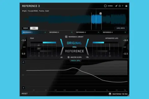 Audio mastering software interface showing the "Reference 3" plugin with waveform, meters, and frequency graph.