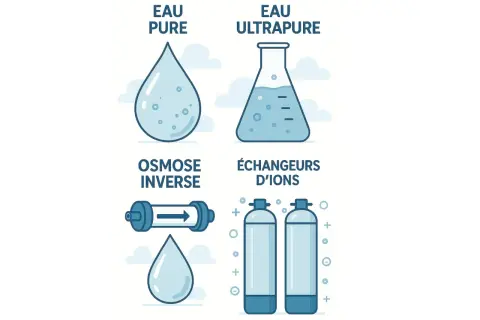 Illustration comparant l'eau pure, l'eau ultrapure, l'osmose inverse et les échangeurs d'ions. Comprendre la différence eau osmosée et déminéralisée.