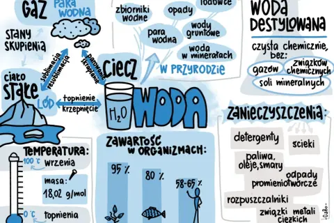 Sketchnoting o wodzie: stany skupienia, cykl w przyrodzie, zawartość w organizmach, zanieczyszczenia i woda destylowana.